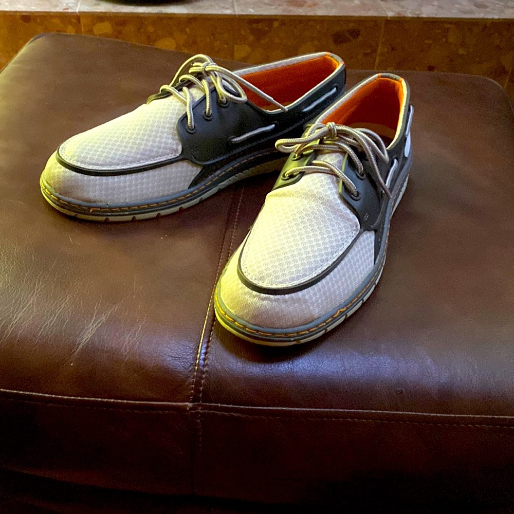 Sperry Top Side deck shoe size 12M. Gray, orange and cream in color.
